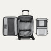 Interior view of the Travelpro Crew Classic Carry-On Spinner in Black, showing Organizational Pouches and adjustable hold-down straps.