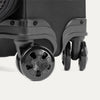 Close-up of suitcase wheels on a white background