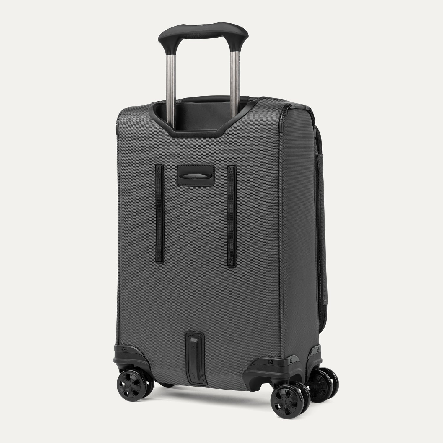 Gray suitcase with wheels and handle on a white background