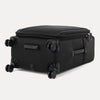 Bottom view of the Travelpro Versapack Checked Expandable Spinner in Black, showing 360° Spinner Wheels