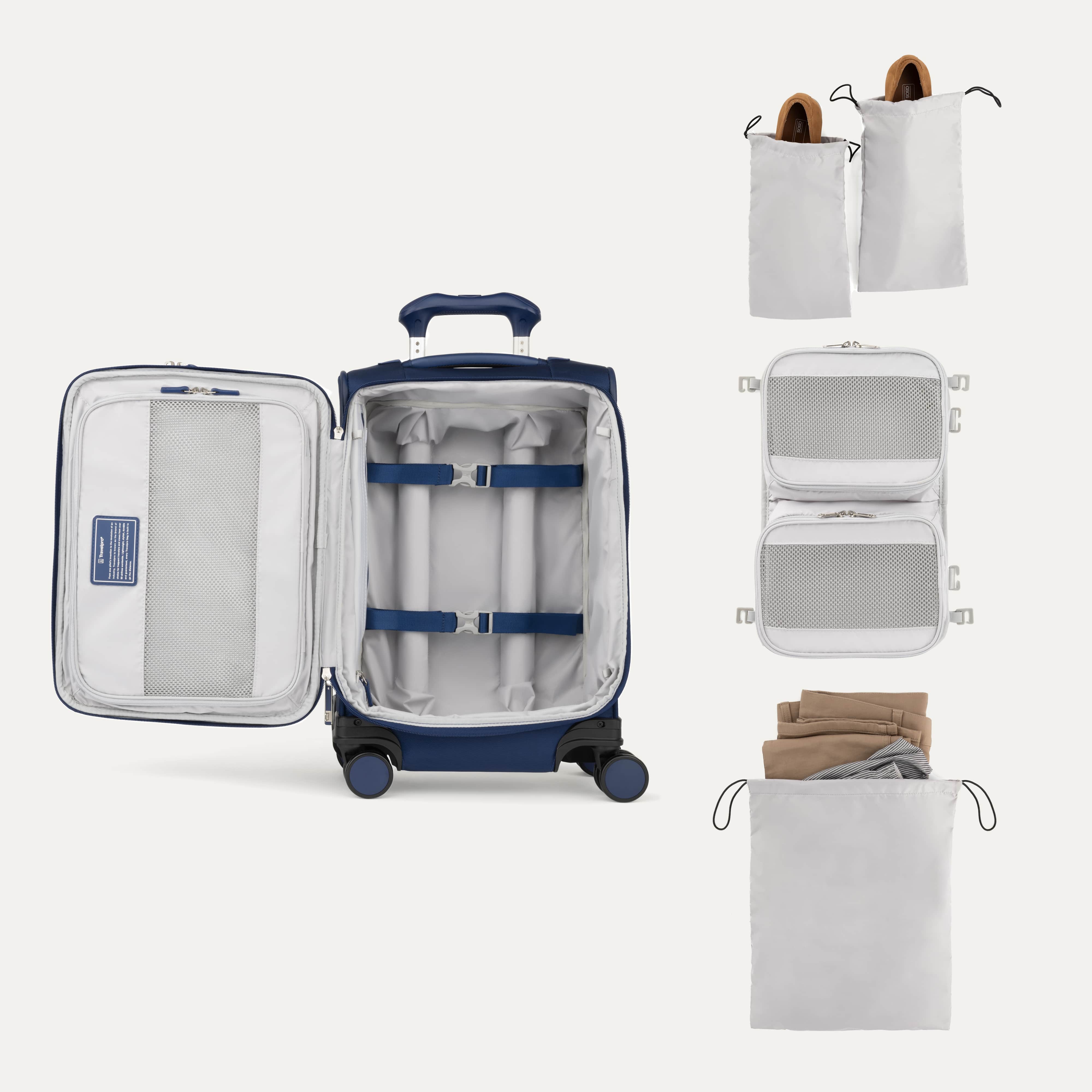 Interior of Travelpro Versapack Carry-On in Estate Blue, with shoe bags, packing cubes, and removable laundry bag.