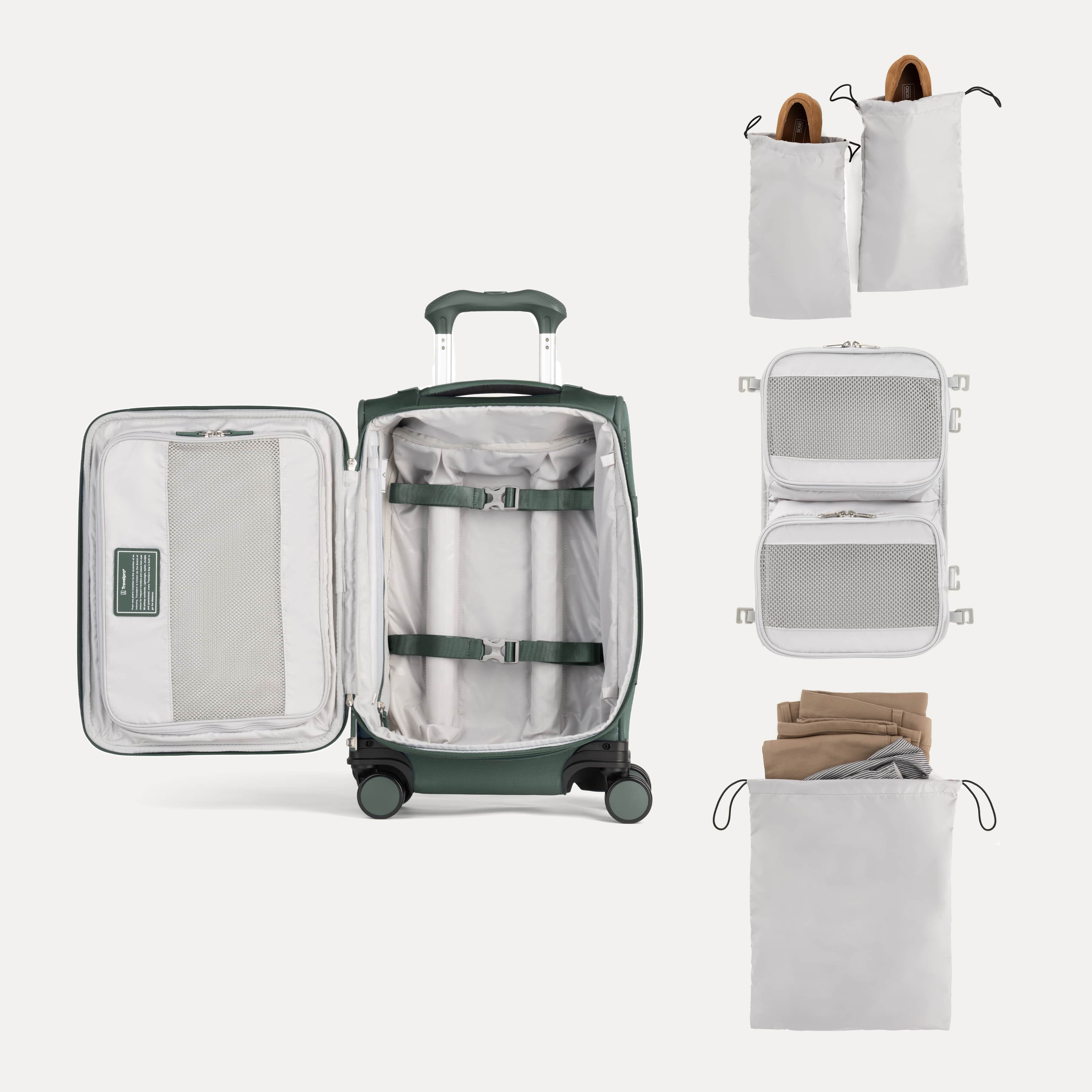 Interior of Travelpro Versapack Carry-On in Desert Sage Green, with shoe bags, packing cubes, and removable laundry bag.
