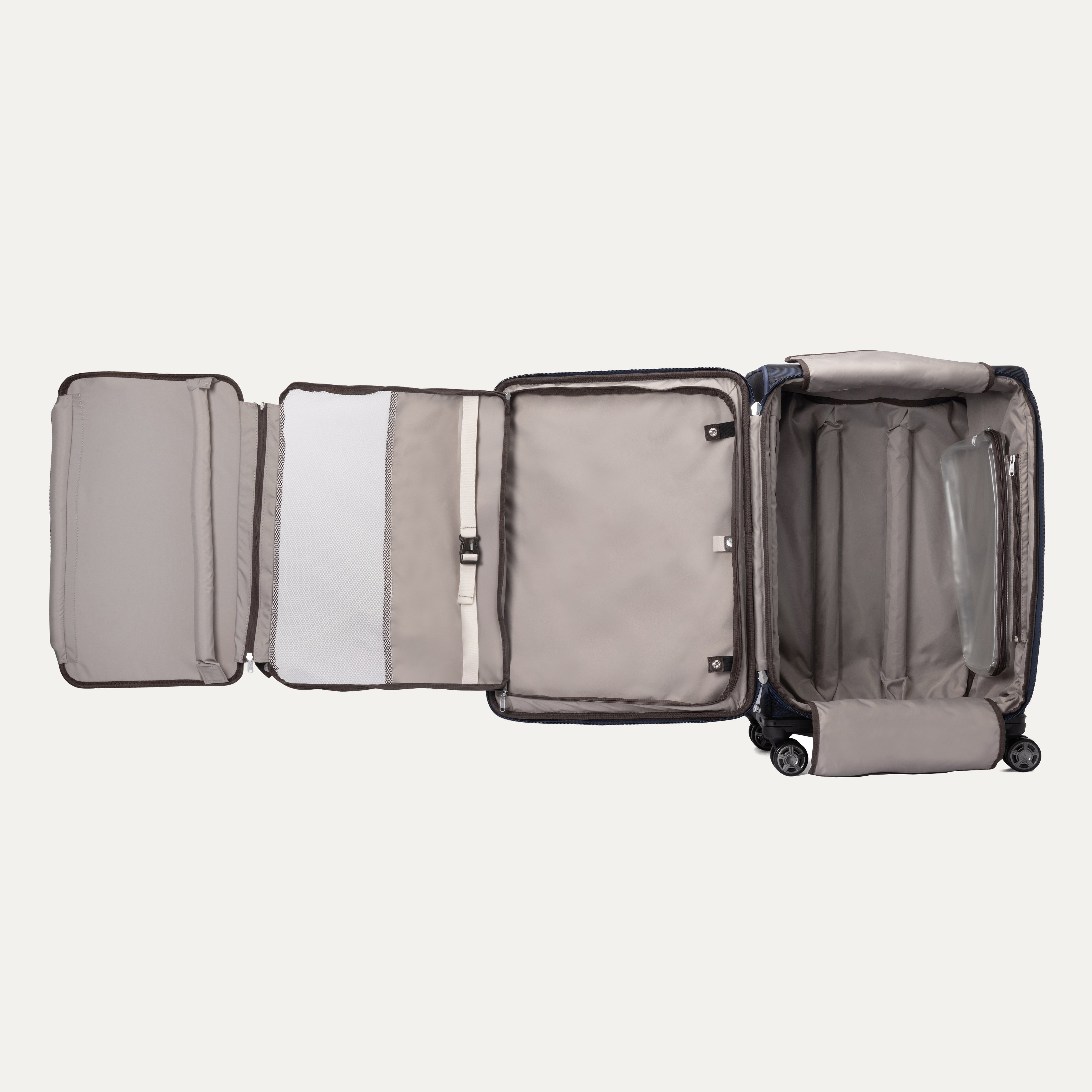 Expanded interior view of the Travelpro Platinum Elite Carry-On Spinner in Camouflage, showcasing full organizational compartments and a removable toiletry bag.