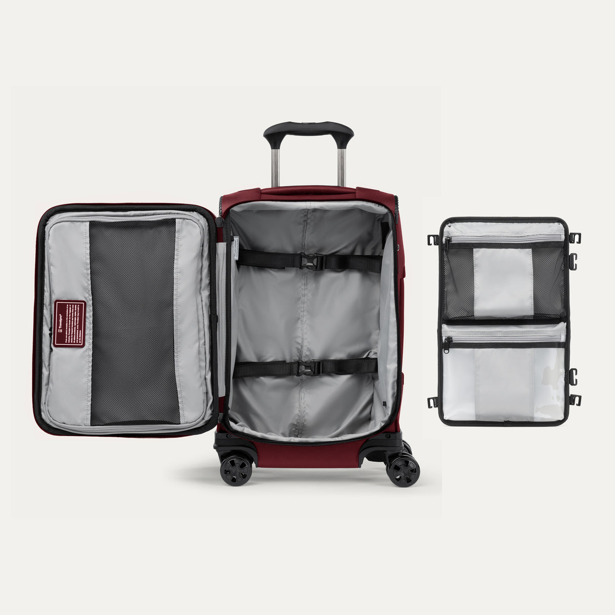 Valise ouverte avec un organiseur de rangement, sur fond blanc