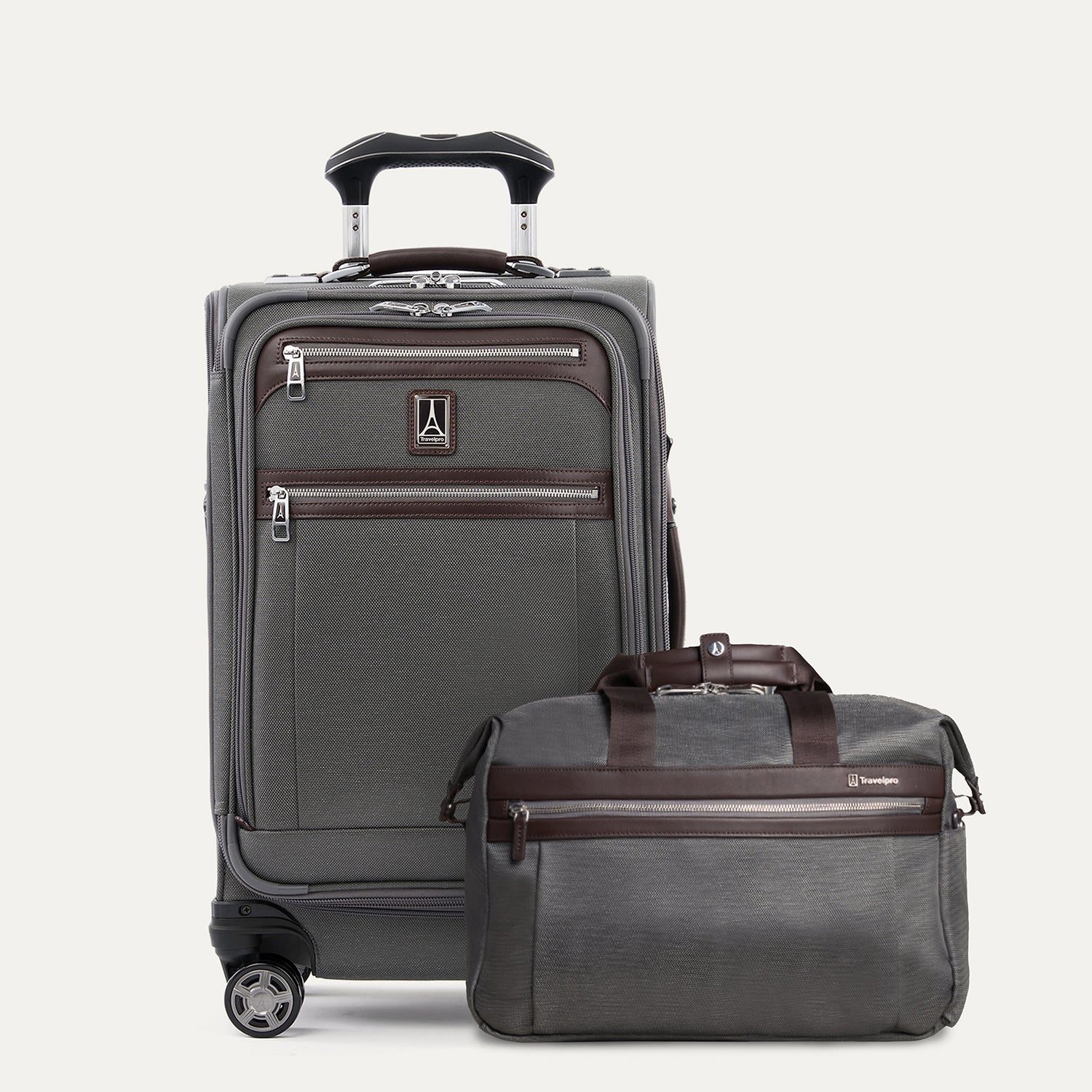 A set of two pieces of luggage, featuring a expandable carry-on spinner and a underseat tote, both in gray with premium leather accents and chrome zippers.