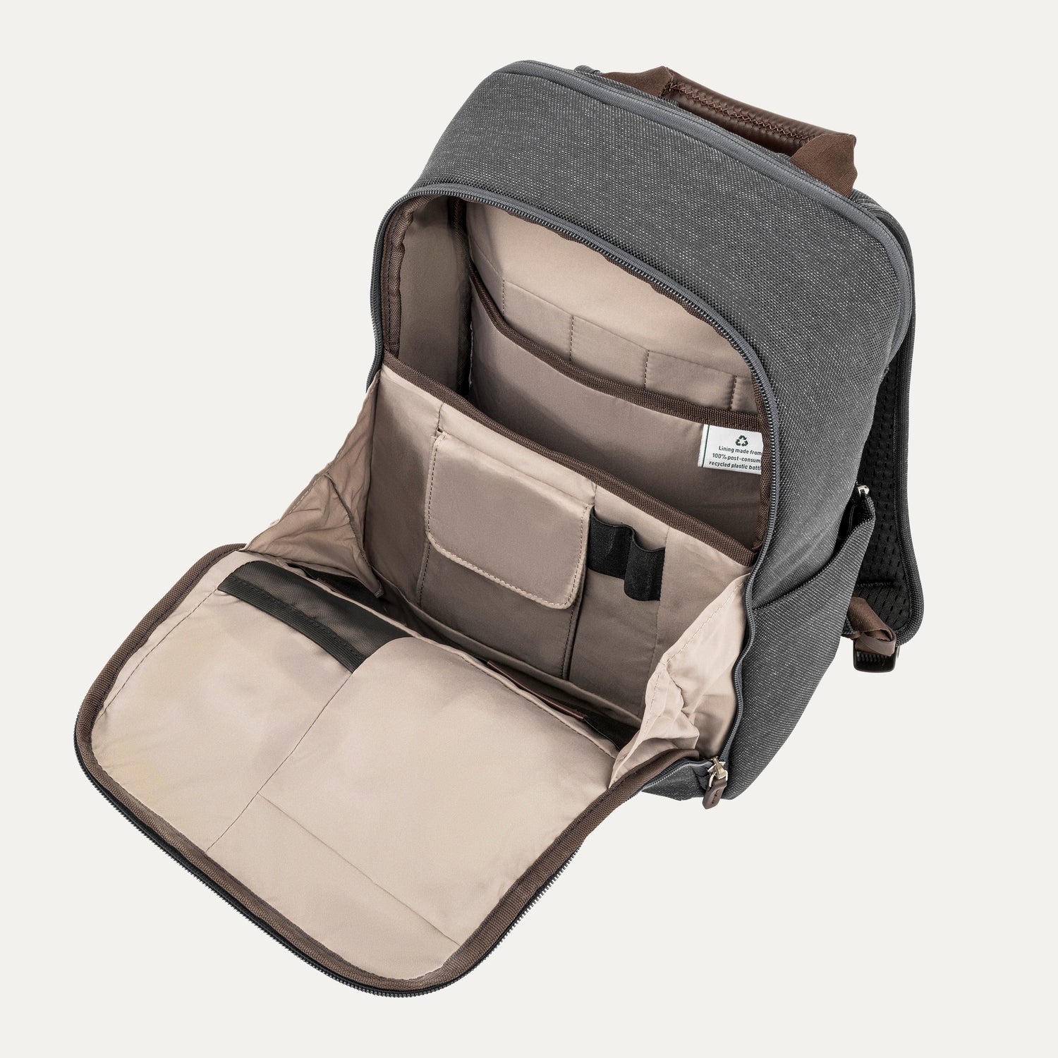 Open vintage gray backpack on a white background