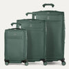 Travelpro Versapack softside luggage trio in Desert Sage Green, shown in Carry-On and Checked sizes