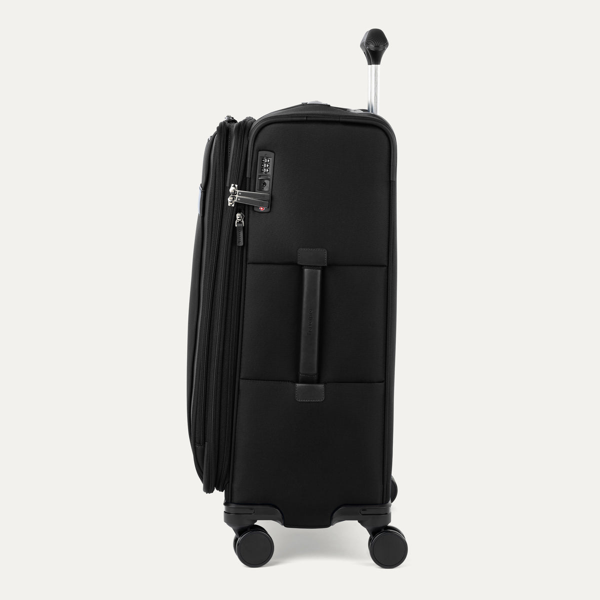 Side view of black suitcase with handle and wheels on a white a background