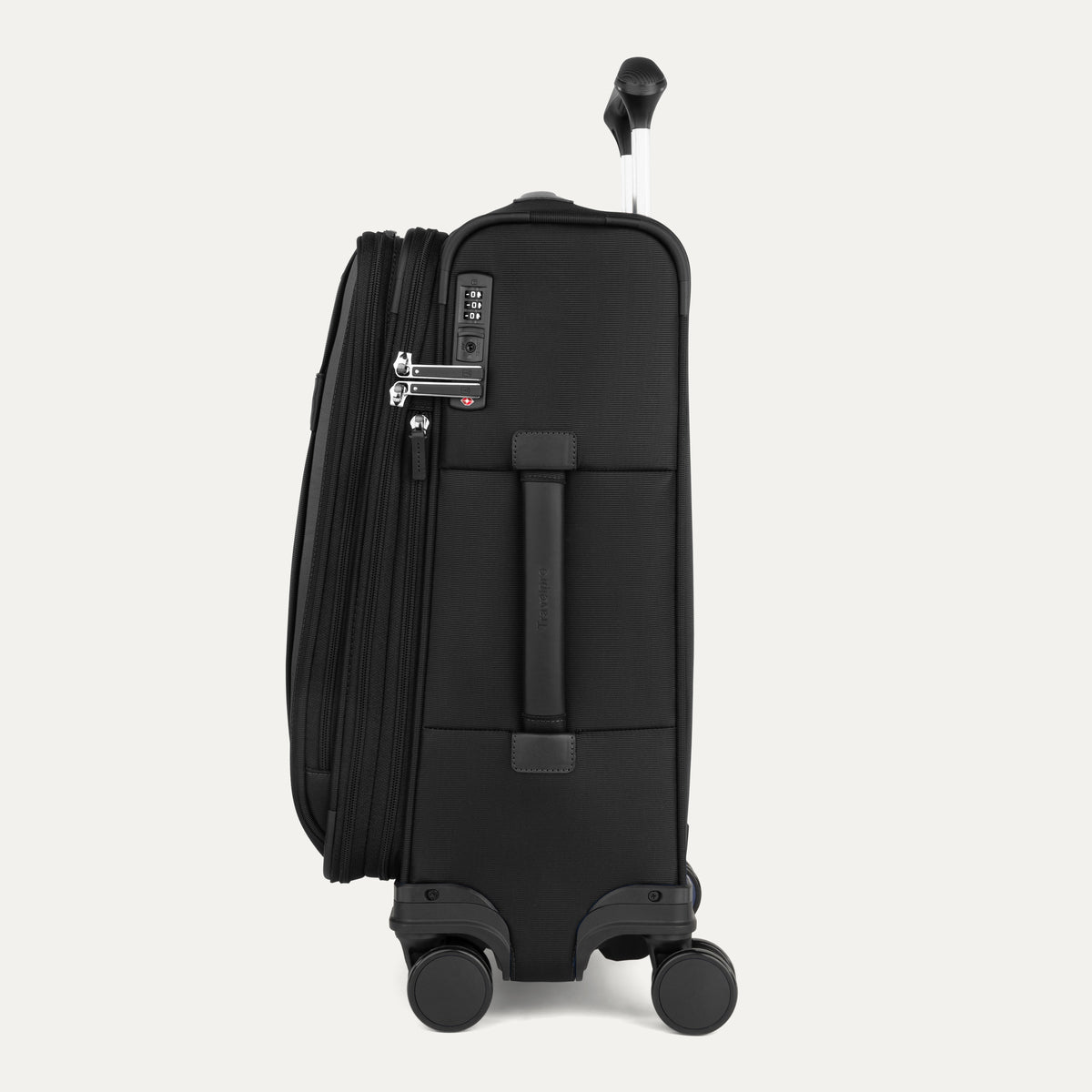 Side view of black suitcase with handle and wheels on a white a background