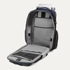 Open aviator navy backpack with tech in interior sleeves on a white background