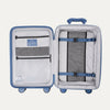 Open blue suitcase with interior organization panels on a white background