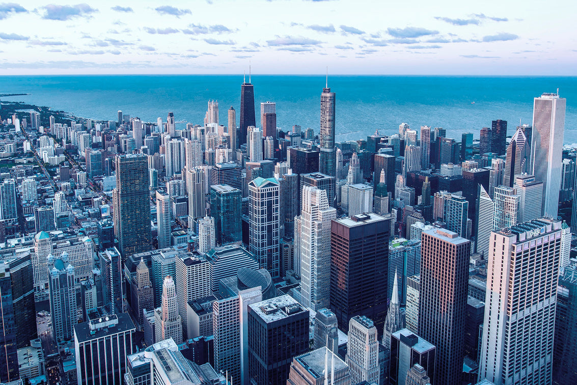 chicago skyline at dusk from the willis tower