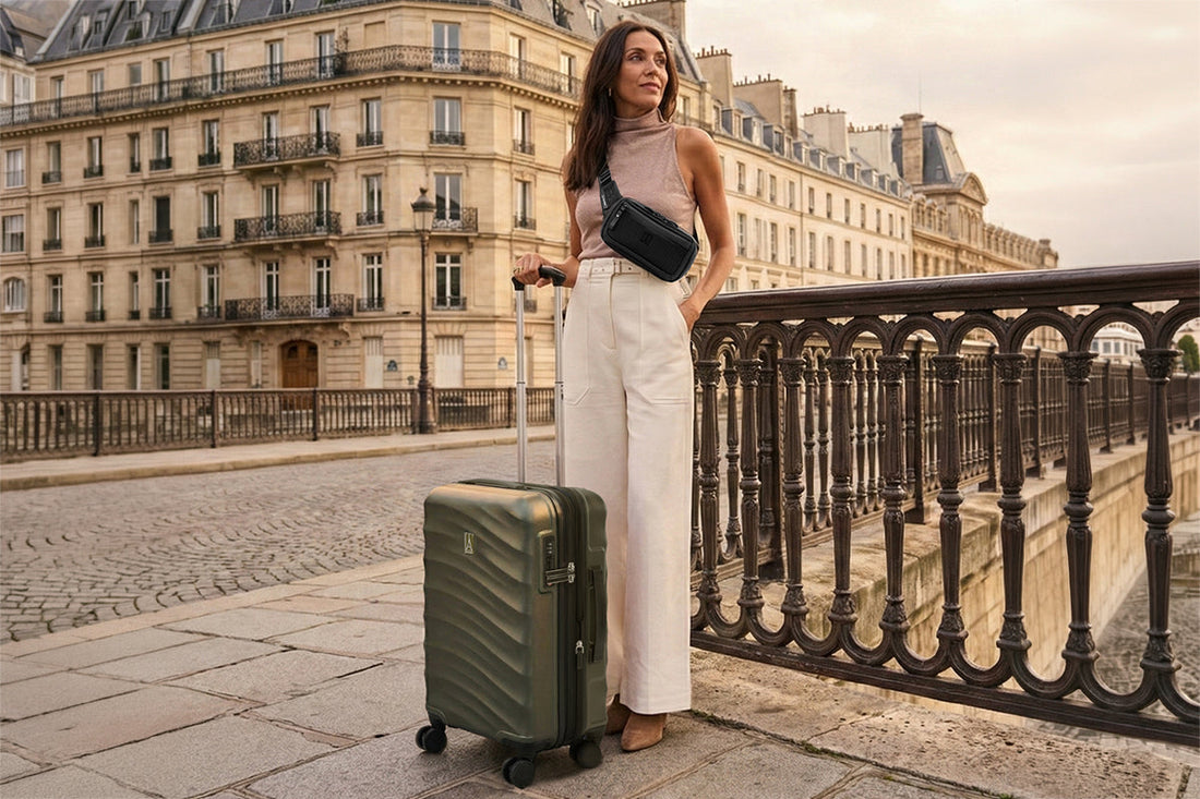 Woman holding Maxlite Air V2 carry-on in a European city