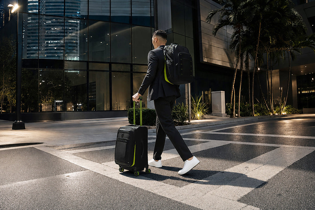 Man strolling in an urban city with Platinum Elite Neon Shadow carry-on