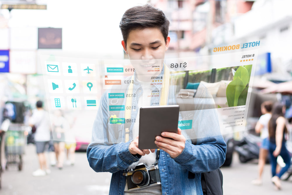 man booking hotel online