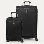 Vue de face de l'ensemble Travelpro Crew Classic comprenant Classic et une valise à roulettes pour les bagages en soute, toutes deux de couleur noire et équipées dePoignées extensibles PowerScope .