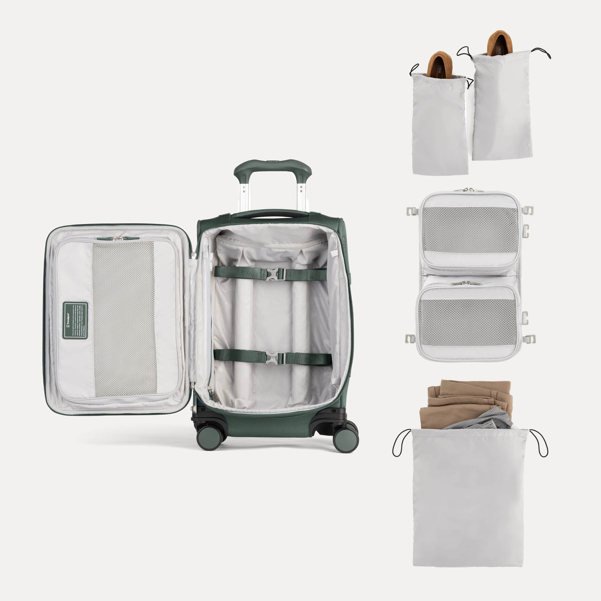 Interior of Travelpro Versapack Carry-On in Desert Sage Green, with shoe bags, packing cubes, and removable laundry bag.