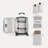 Interior of Travelpro Versapack Carry-On in Desert Sage Green, with shoe bags, packing cubes, and removable laundry bag.