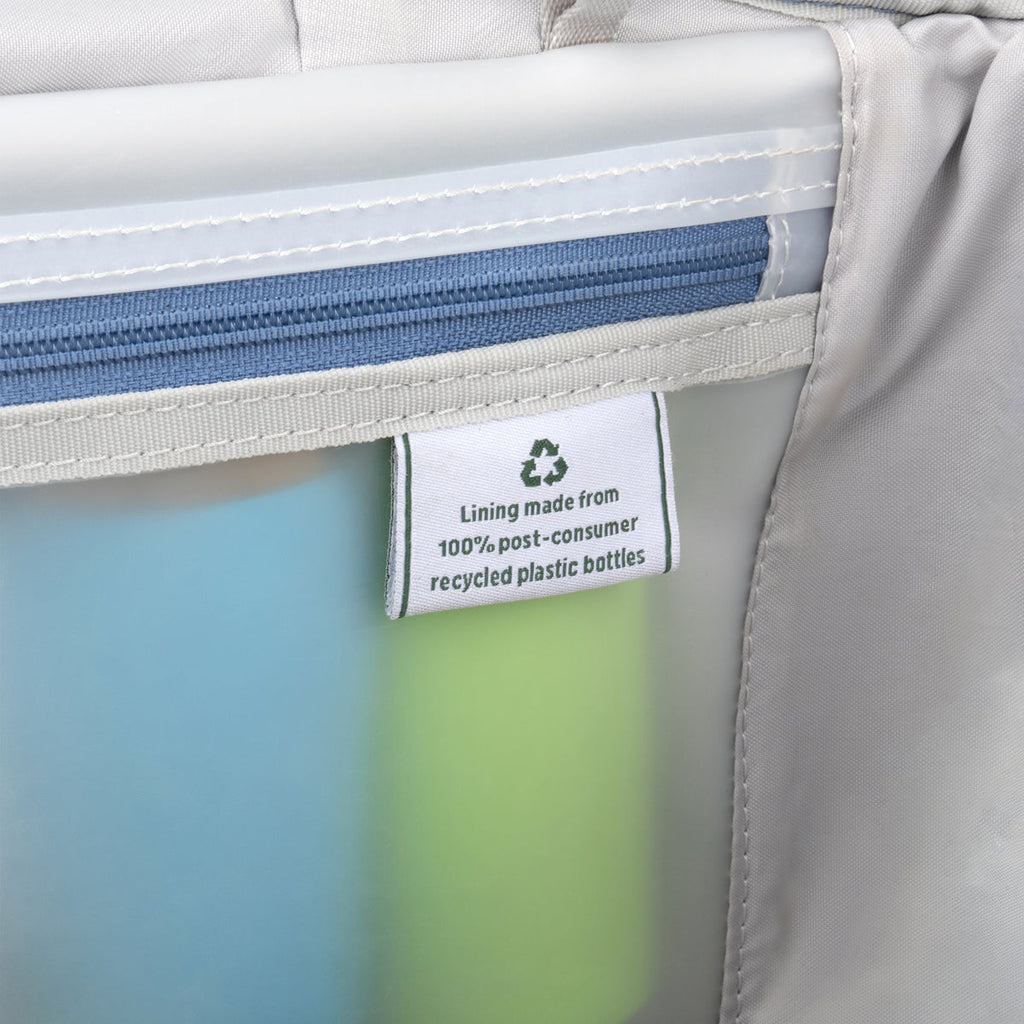 Close-up of interior tag showing the Travelpro lining made from 100% post-consumer recycled plastic bottles.

