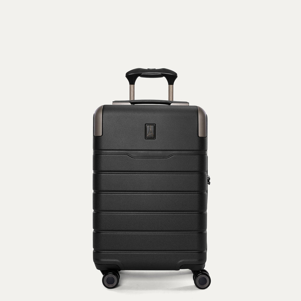 Front view of the Travelpro Platinum Reserve Compact Carry-On Hardside Spinner in Black Dust