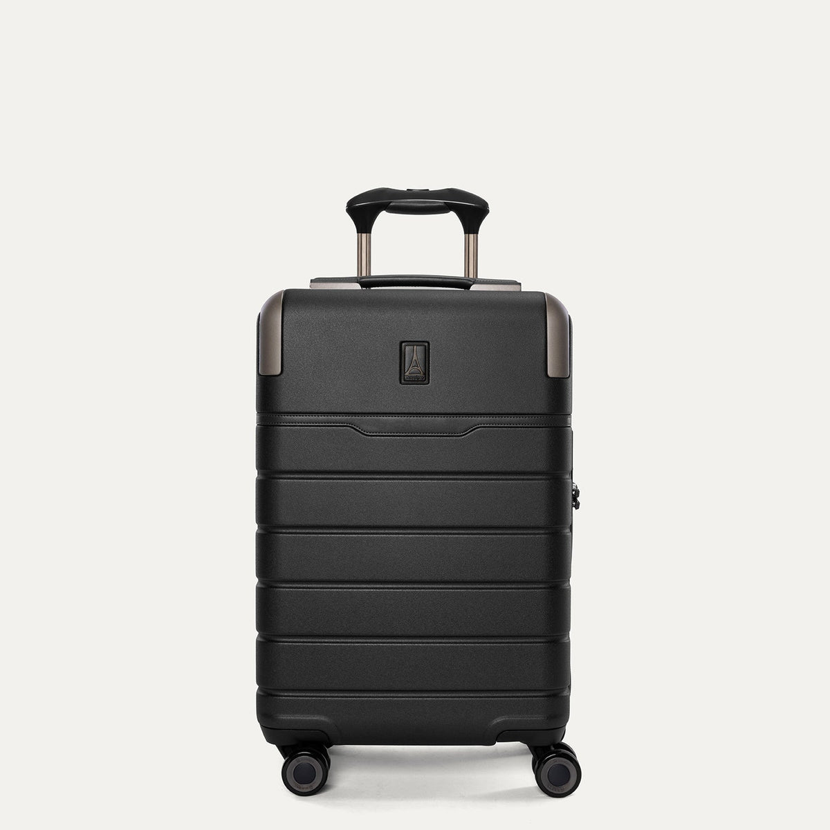 Front view of the Travelpro Platinum Reserve Compact Carry-On Hardside Spinner in Black Dust