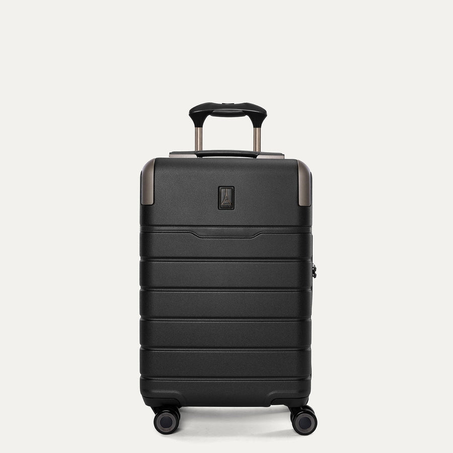 Front view of the Travelpro Platinum Reserve Compact Carry-On Hardside Spinner in Black Dust