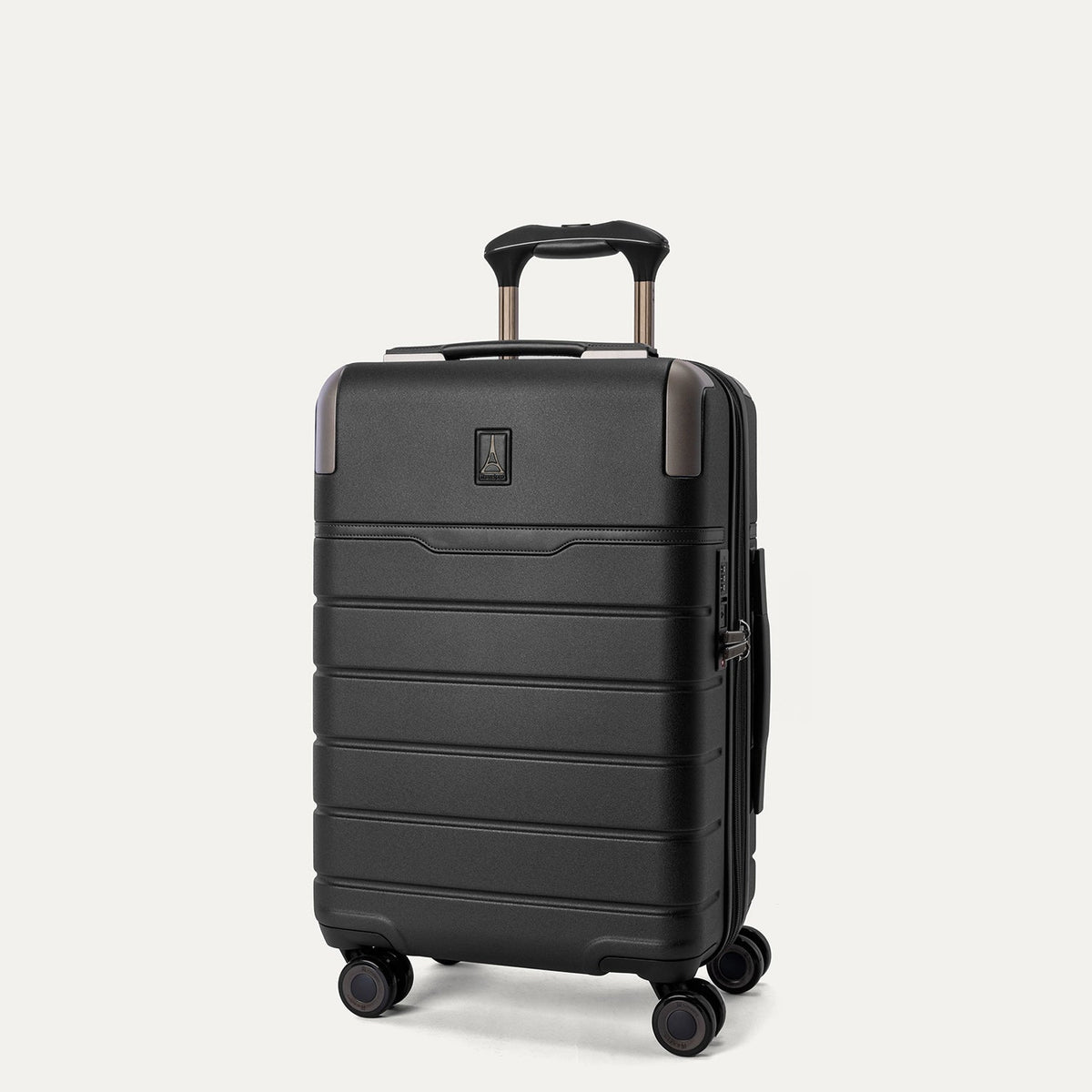 Three-quarter angled view of the Travelpro Platinum Reserve Compact Carry-On Hardside Spinner in Black Dust