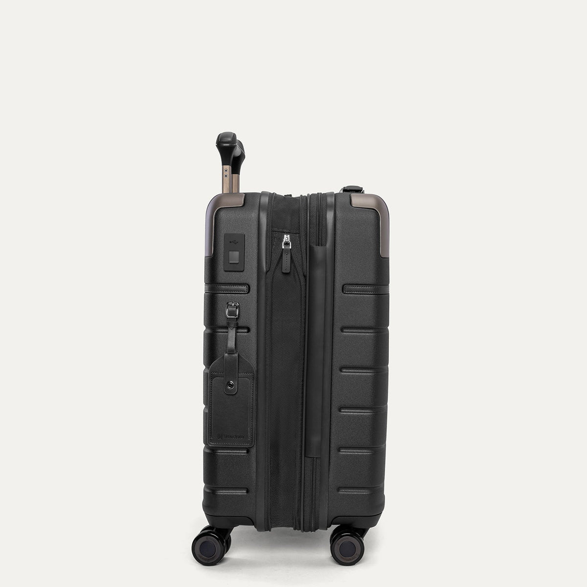Side profile of the Travelpro Platinum Reserve Compact Carry-On Hardside Spinner in Black Dust, expanded for extra packing space
