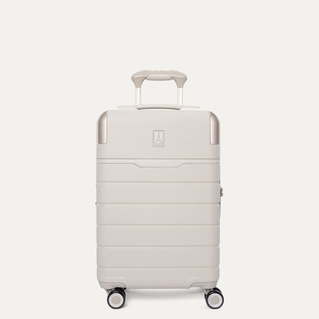Front view of the Travelpro Platinum Reserve Compact Carry-On Hardside Spinner in Sandstone