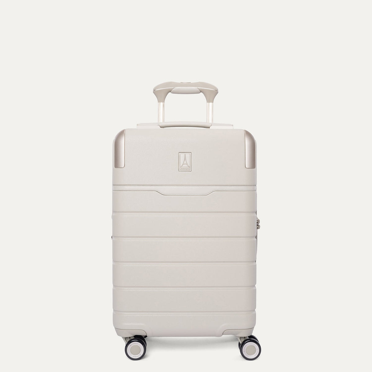 Front view of the Travelpro Platinum Reserve Compact Carry-On Hardside Spinner in Sandstone