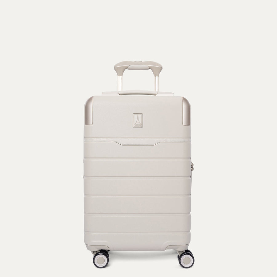 Front view of the Travelpro Platinum Reserve Compact Carry-On Hardside Spinner in Sandstone