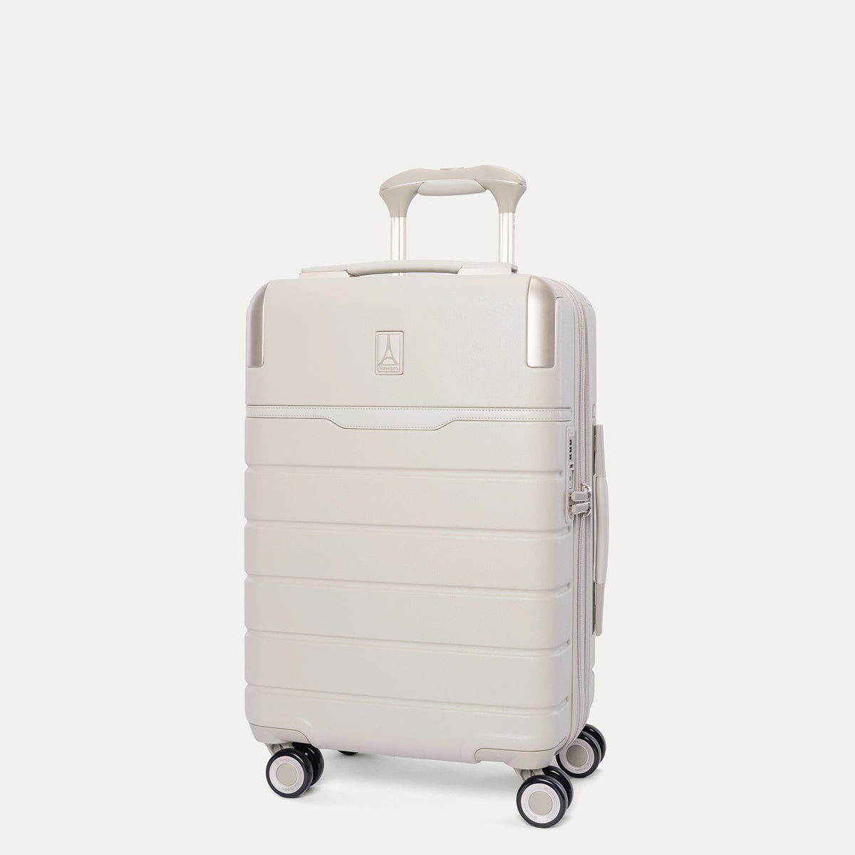 Three-quarter angled view of the Travelpro Platinum Reserve Compact Carry-On Hardside Spinner in Sandstone