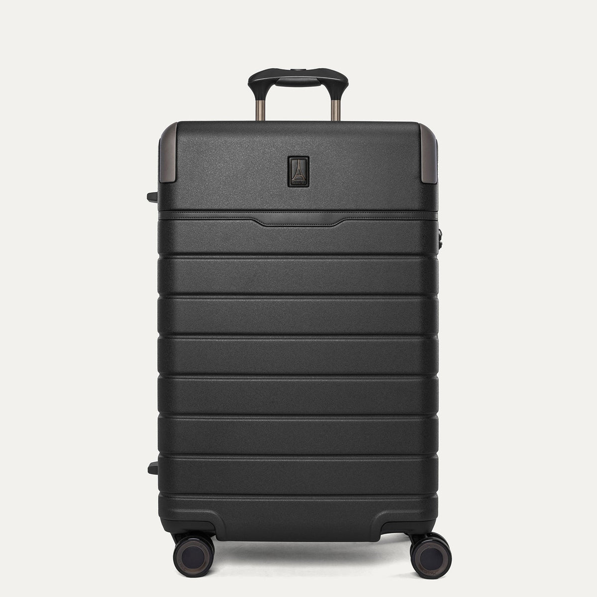 Front view of the Travelpro Platinum Reserve Medium Check-In Hardside Spinner in Black Dust