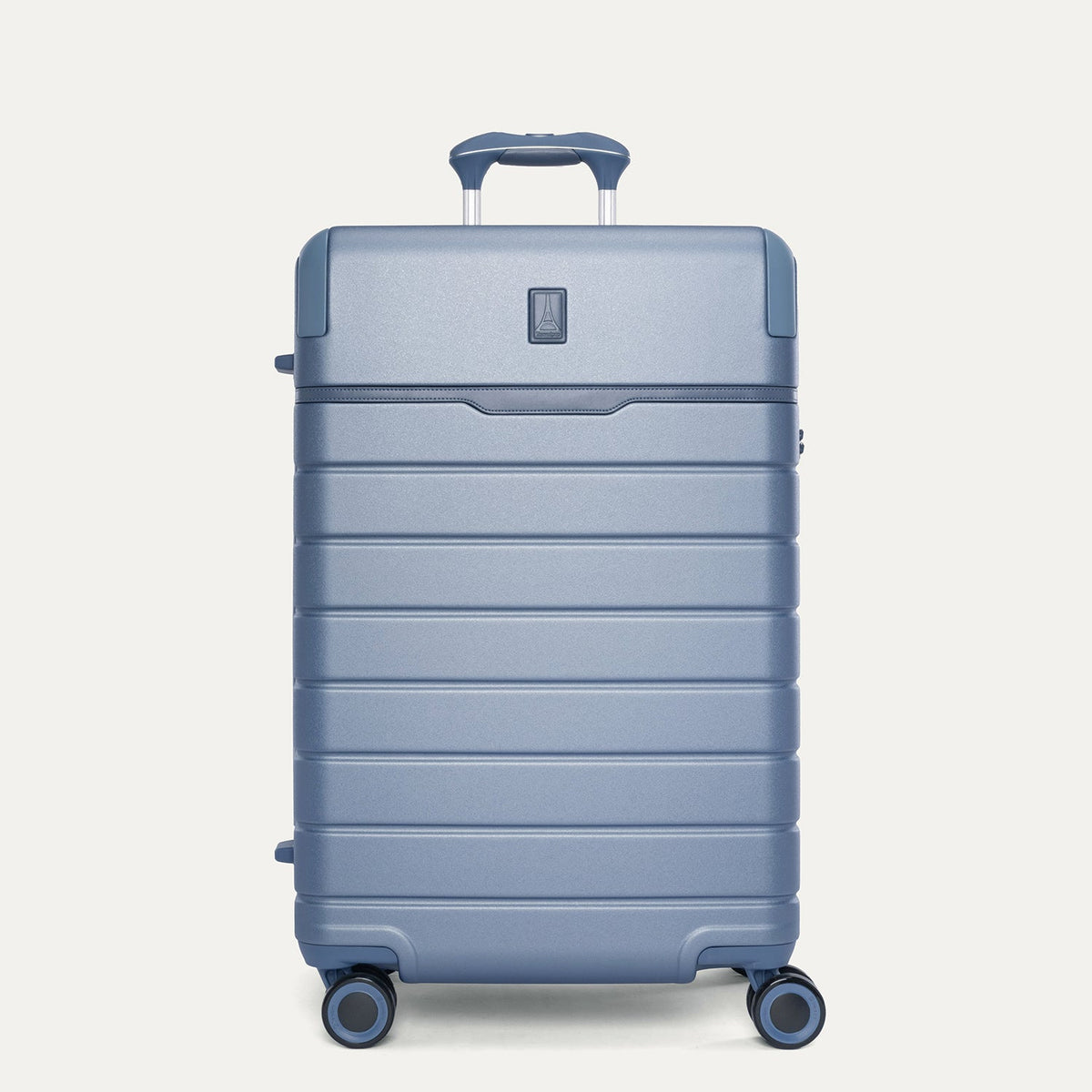 Front view of the Travelpro Platinum Reserve Medium Check-In Hardside Spinner in Steel Blue