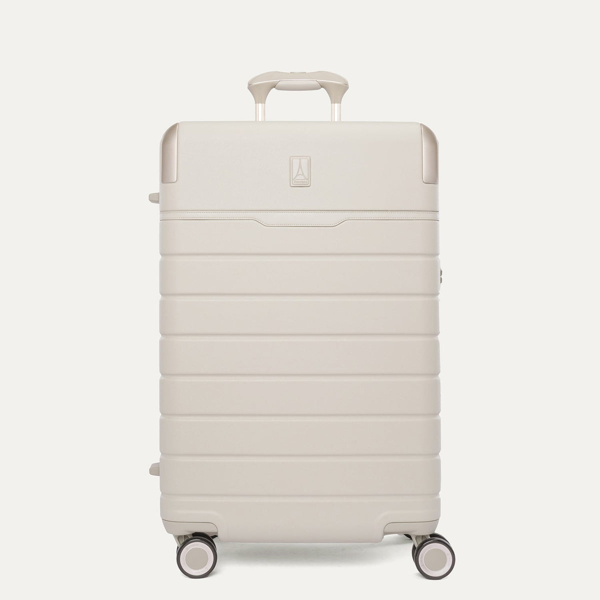 Front view of the Travelpro Platinum Reserve Medium Check-In Hardside Spinner in Sandstone