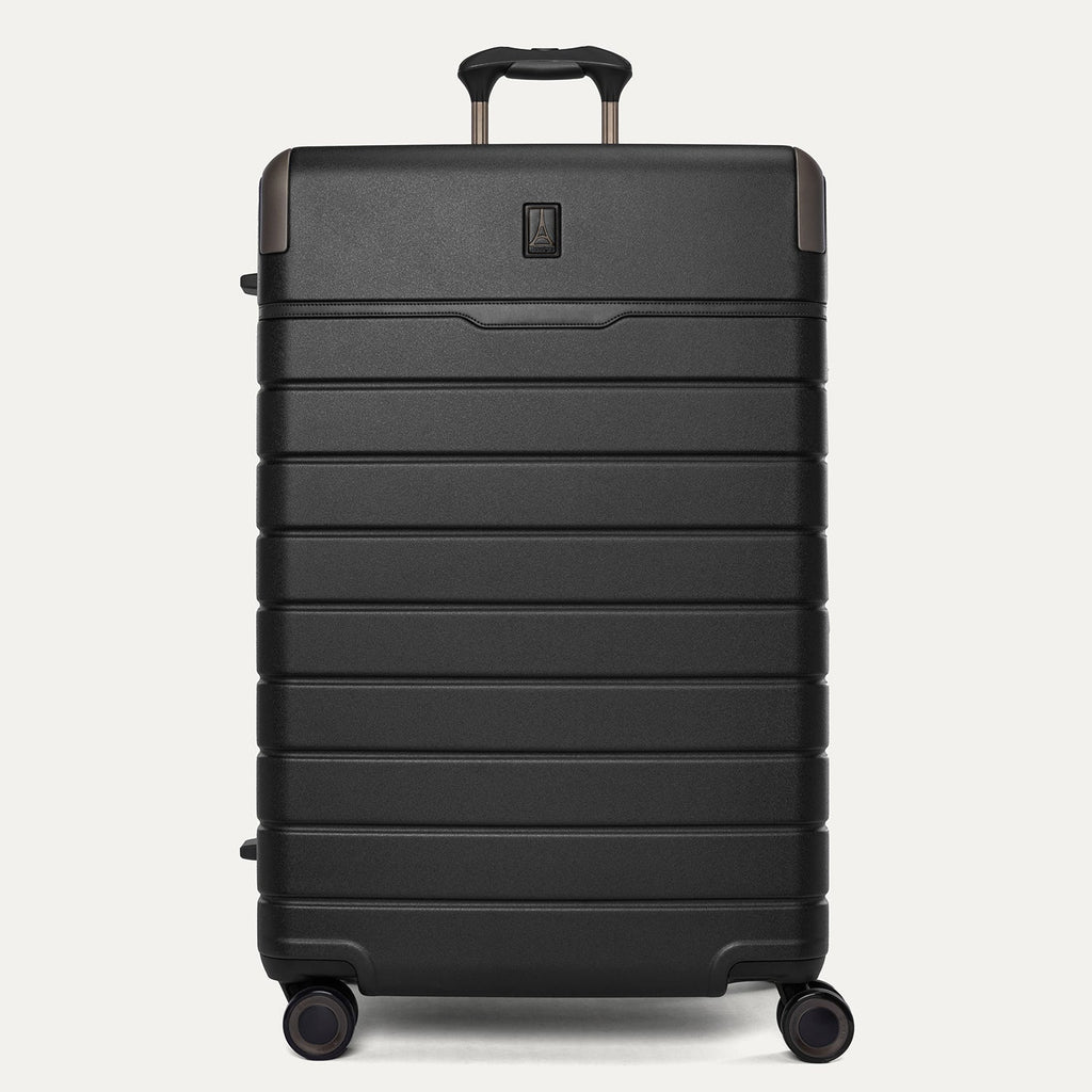 Front view of the Travelpro Platinum Reserve Large Check-In Hardside Spinner in Black Dust