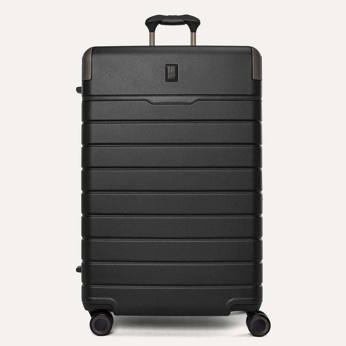 Front view of the Travelpro Platinum Reserve Large Check-In Hardside Spinner in Black Dust