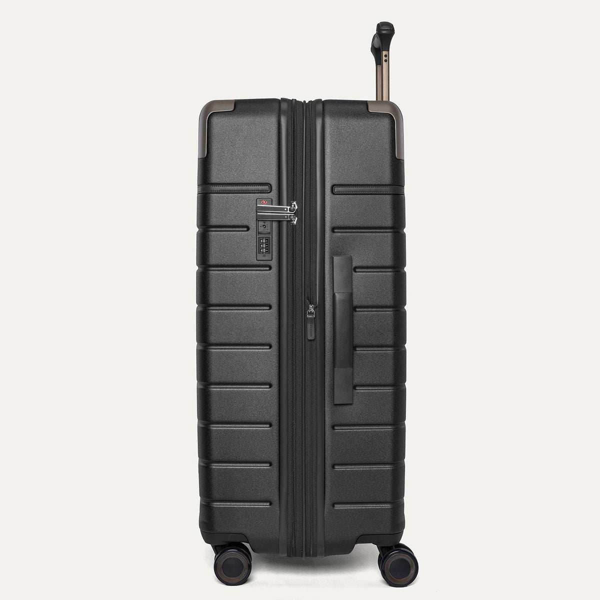Side profile of the Travelpro Platinum Reserve Large Check-In Hardside Spinner in Black Dust