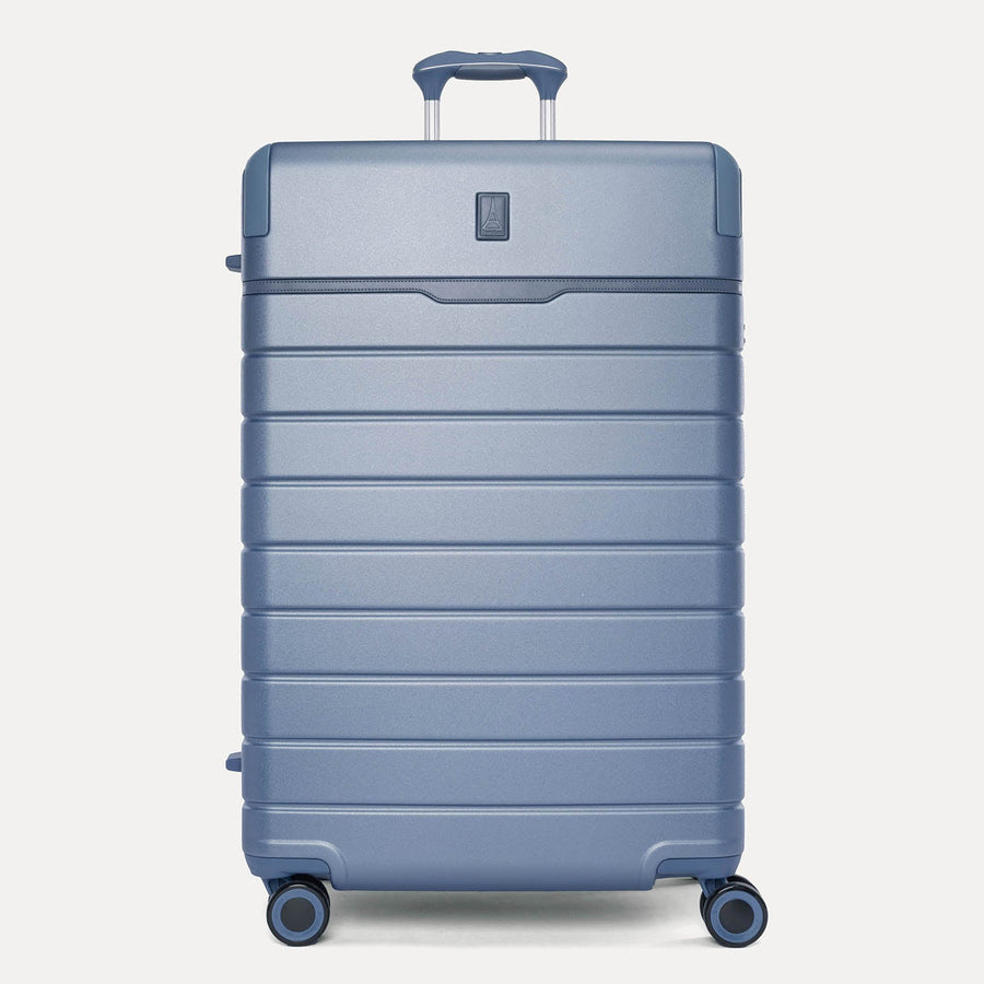 Front view of the Travelpro Platinum Reserve Large Check-In Hardside Spinner in Steel Blue