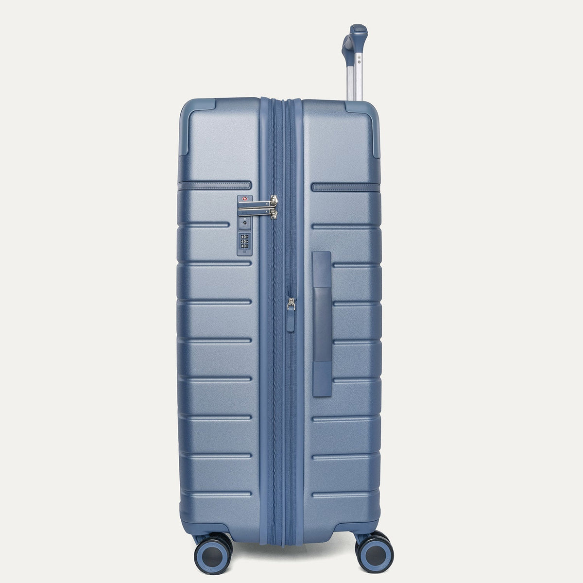 Side profile of the Travelpro Platinum Reserve Large Check-In Hardside Spinner in Steel Blue