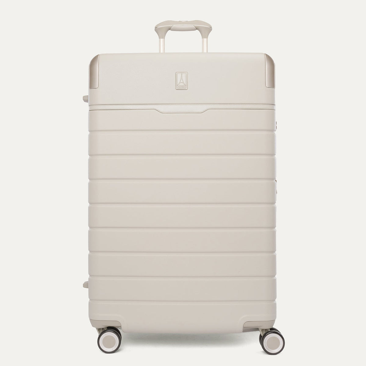 Front view of the Travelpro Platinum Reserve Large Check-In Hardside Spinner in Sandstone