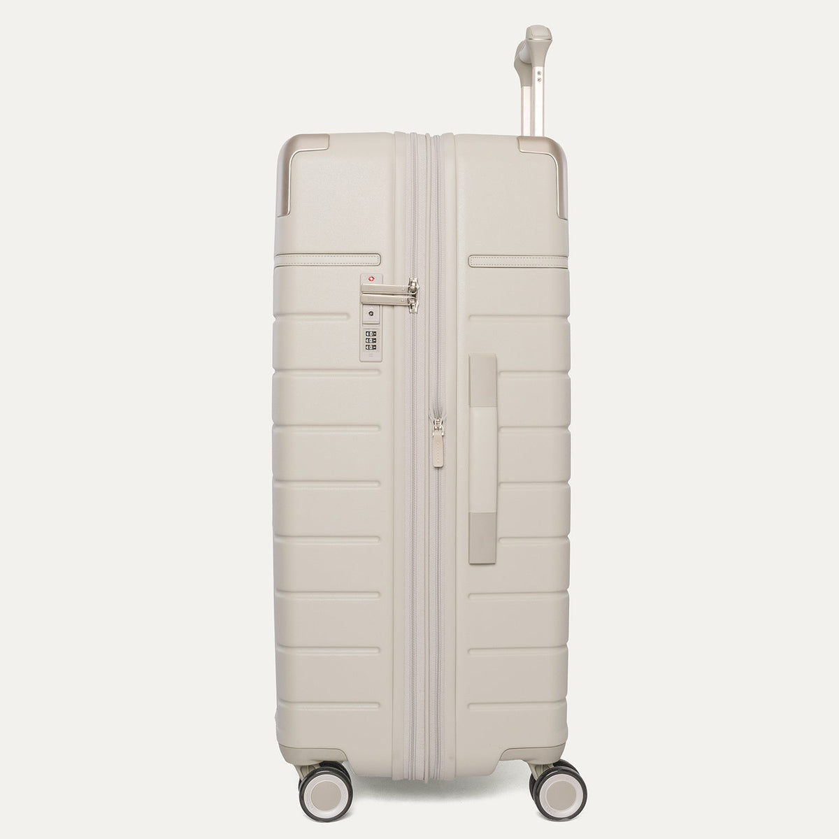 Side profile of the Travelpro Platinum Reserve Large Check-In Hardside Spinner in Sandstone