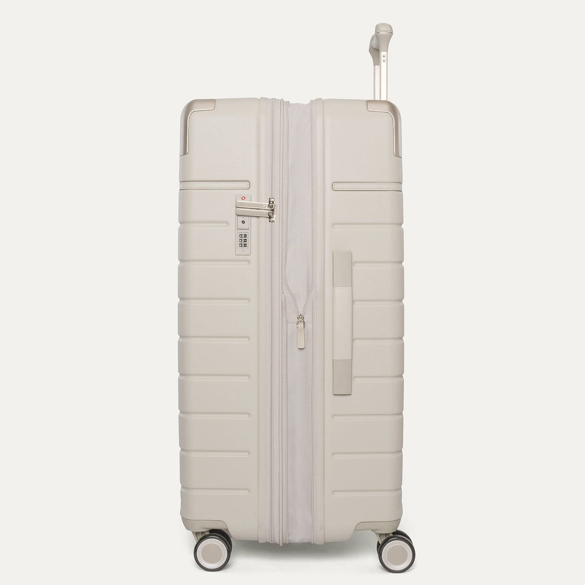 Side profile of the Travelpro Platinum Reserve Large Check-In Hardside Spinner in Sandstone, expanded for extra packing space