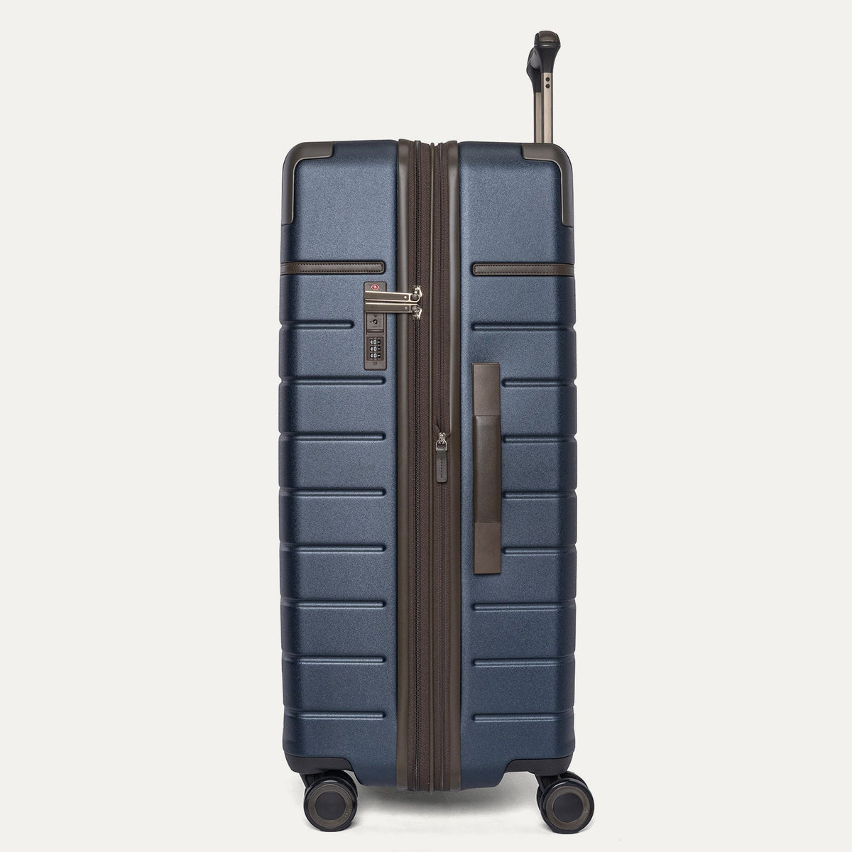 Side profile of the Travelpro Platinum Reserve Large Check-In Hardside Spinner in Midnight Trail
