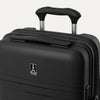 Valise noire avec poignée et logo sur fond gris clair