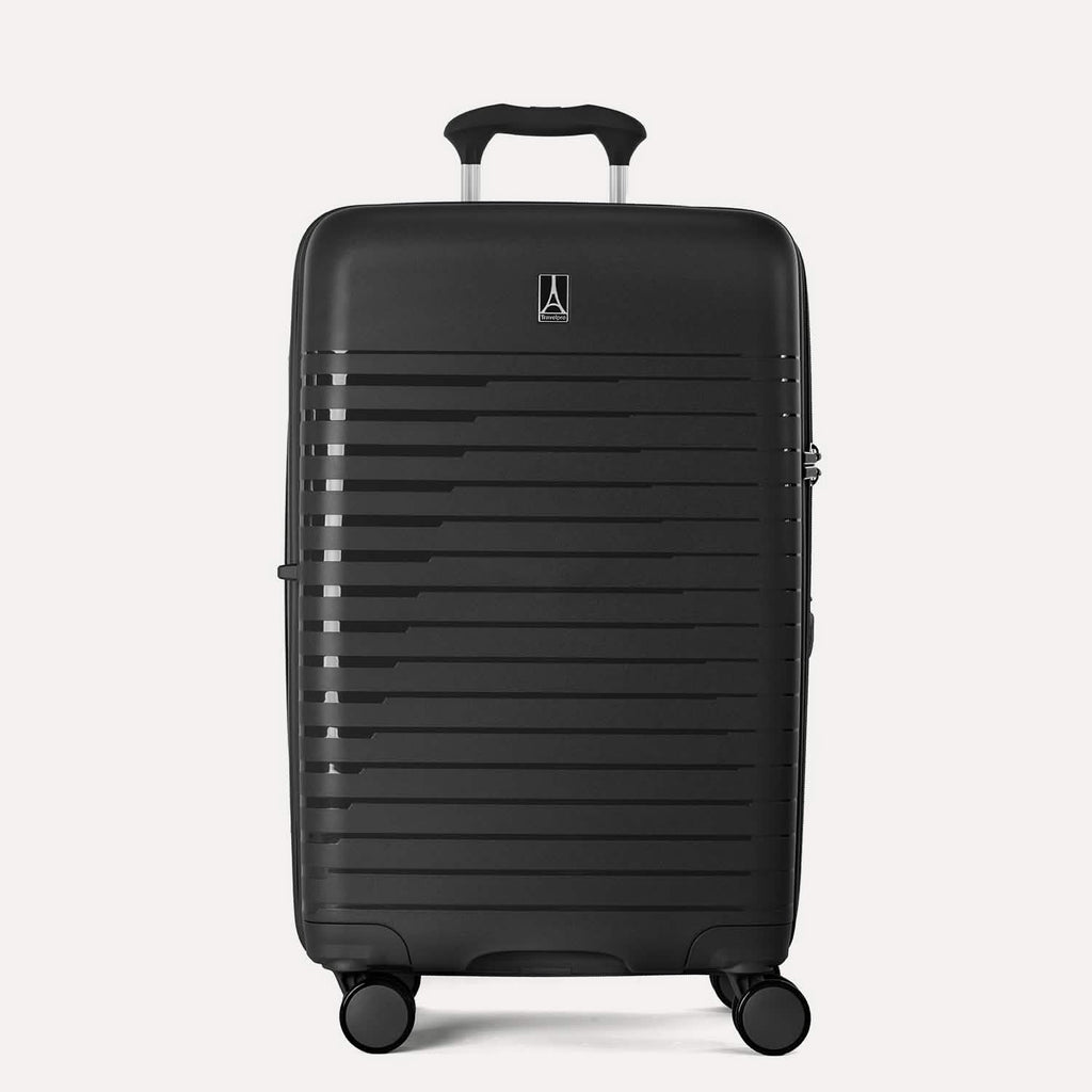 black suitcase with a visible brand logo on a light gray background  #color_black