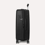 Black suitcase with wheels and handle on a light gray background  #color_black