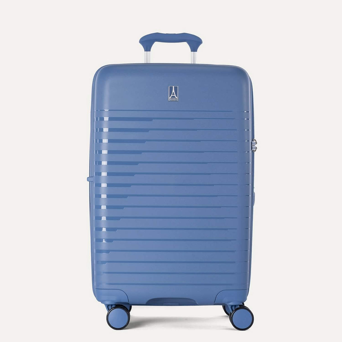 #color_blue  Blue suitcase with a visible brand logo on a light gray background