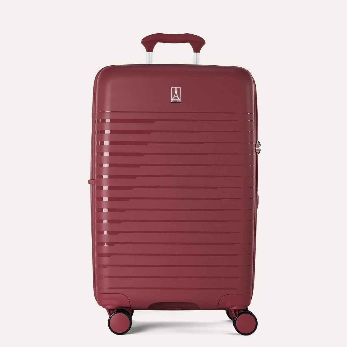 #color_red Red suitcase with a visible brand logo on a light gray background