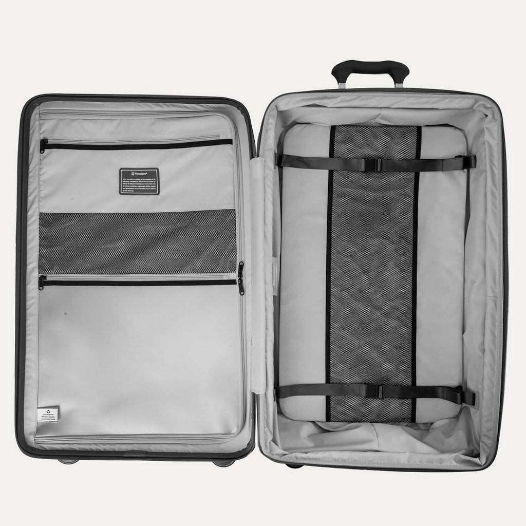Open gray suitcase with interior organization panels on a white background  #color_black